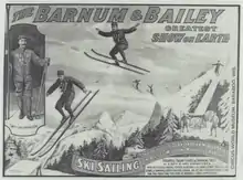 Affiche publicitaire présentant un dessin d'un homme faisant du saut à ski.