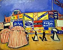 Peinture représentant quelques passants et deux tentes de plage rayées devant un mur d'affiches aux couleurs primaires jaune, bleu, rouge