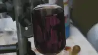 Vue d'une solution violette contenue dans un tube à essais.