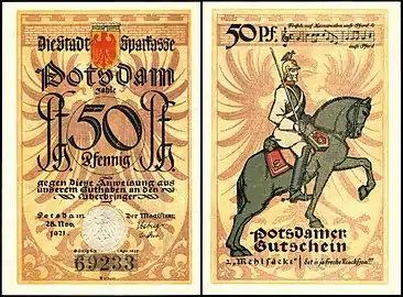 Billet de 50 pfennings de la ville de Potsdam en 1921. Ce billet est compris comme étant une moquerie de l'empire allemand.