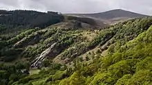 Photographie couleur de la cascade Powerscourt qui descend des montagnes au milieu d'arbres épars