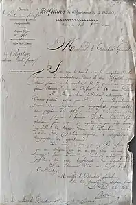 Lettre du 14 novembre 1820 du préfet de la Nièvre.