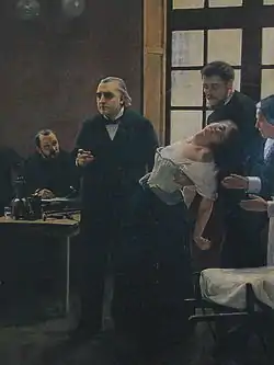 Peinture représentant un homme aux côtés d'une femme évanouie.