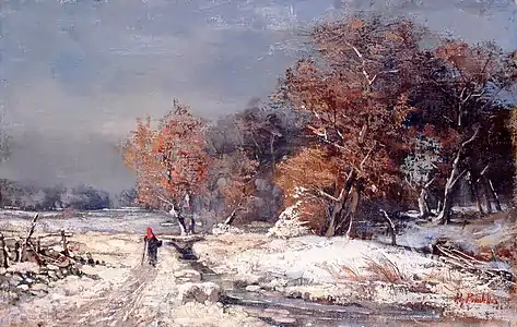 Paysage de neige avec enfant au bonnet rouge