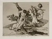 Estampe : les corps démembrés de trois hommes sont montrés humiliés, empalés aux branches d'un arbre mort.