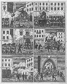Six gravures représentant de nombreux soldats et des barricades.