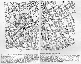 Plan de Podil en 1803 et en 1974 (en superposition), par K.N. Goupalo, 1982.