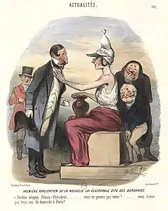 Première application de la nouvelle loi électorale dite des Burgraves. Sous les rires de Thiers et de Louis Veuillot, le président Bonaparte se voit lui-même mis dans l'impossibilité de voter puisqu'il n'a pas résidé continuellement à Paris depuis trois ans. Caricature de Charles Vernier, Le Charivari, 23 mai 1850.