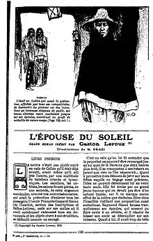 Une page d'un journal des années 1920 présentant le titre du feuilleton et surplombé par des Indiens d'Amérique du Sud regardant le lecteur