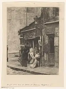 La Vieille Marchande d'estampes (1893), angle rue de Seine et rue Mazarine (Paris)
