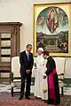 Le pape François donne audience au président des États-Unis d'Amérique, Barack Obama, le 27 mars 2014 dans sa bibliothèque privée (un prélat de la Maison pontificale, témoin, est toujours présent lors d'un entretien en tête-à-tête avec le Pape).