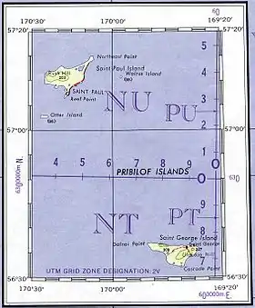 Carte des îles Pribilof avec l'île Walrus en haut.