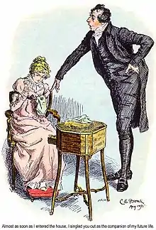 Gravure colorisée. Un clergyman debout déclame devant une jeune fille assise, tête baissée, en train de broder