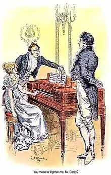 Une jeune fille assise au piano parle à un homme debout, un autre tourne les pages d'une partition