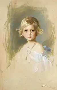 Portrait à l'huile dans des teintes pastel en buste d'une petite fille blonde ayant les épaules dénudées.