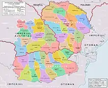 Les Bezirke du grand-duché de Transylvanie et les județe des principautés danubiennes en 1711.