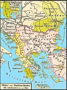 Les Balkans en 1450 à la veille de la chute de Constantinople : les Ottomans (rose) ont déjà conquis la moitié de la péninsule.