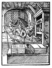Atelier d’imprimerie, 1568. Pressier et encreur