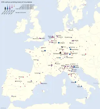 Carte d'Europe montrant la diffusion de l’imprimerie.