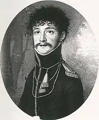 Gravure représentnant un jeune homme brun, aux cheveux bouclés et portant une petite moustache.