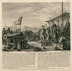 L'île est prise très rapidement après un assaut mené l'épée au poing par d'Estaing. Dès le 6 juillet la garnison anglaise capitule (Gravure de Nicolas Ponce).