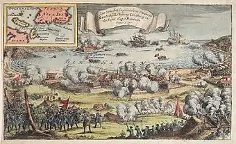 Louisbourg assiégée en 1745, pendant la guerre de Succession d'Autriche. La forteresse capitule après 49 jours de siège.