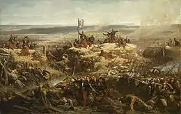 Peinture d'une scène de bataille où des soldats portant d'amples pantalons rouges combattent au corps à corps des soldats en uniforme beige dans une redoute en ruine.