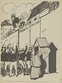 Dessin monochrome d'une foule d'officiers manifestant devant la porte de la prison du Cherche-midi ; sur le mur, Pasquier les toise.