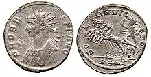Monnaie de l'empereur romain Probus, vers 280 : Probus et Sol Invictus conduisant son quadrige portent tous deux une couronne solaire rayonnée.
