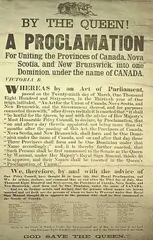 Document sur lequel est inscrite la proclamation du Canada.