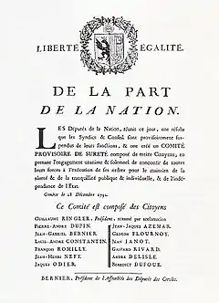 Un texte de proclamation surmonté des armoiries de Genève.