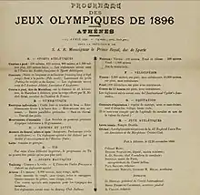 Une feuille jaunie avec deux colonnes titrée "Jeux olympiques de 1896"