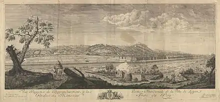 Gravure représentant le projet d'aménagement de Perrache, vu de la rive gauche du Rhône. La future zone viabilisé, à gauche, y apparaît comme un grand champ vide.