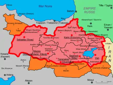 Carte administrative de l'est de la Turquie à l'époque de la fin de l'Empire ottoman, affichant notamment les principales localités.