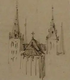 Dessin d'architecte esquissant une cathédrale surmontée de flèches.