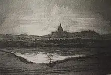 Joseph Trévoux, Croquis préparatoire, Promenade du Poussin à Rome, fusain et craie blanche sur papier ocre, 30 cm x 39,5 cm, Montbrison (Loire), collection particulière.