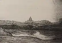 Joseph Trévoux, Croquis préparatoire, Promenade du Poussin à Rome, fusain et craie blanche sur papier gris, 26,5 cm x 38,5 cm, Montbrison (Loire), collection particulière.