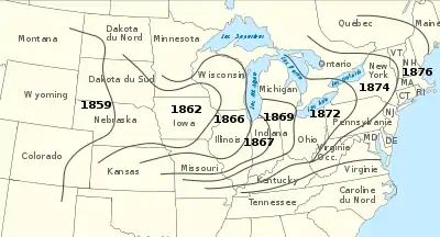  Carte illustrant le propagation du doryphore en Amérique du Nord de 1859 à 1876
