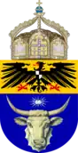 Proposition, faite en 1914, d'armoiries pour le Sud-Ouest africain allemand. Elles n'ont pas dû servir avant 1915. La rencontre de taureau est inspirée des armes du Mecklembourg ou de la Moldavie.