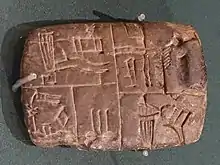 Tablette en argile divisée en cases comprenant des signes proto-cunéiformes et numériques.