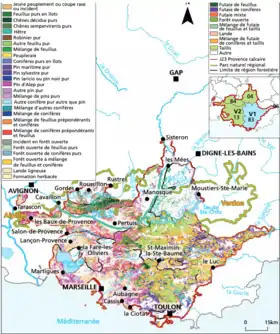 Limites de la provence calcaire (trait rouge) et situation de sa végétation (2013)