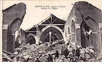 L'église de Provin en ruines, en 1919.