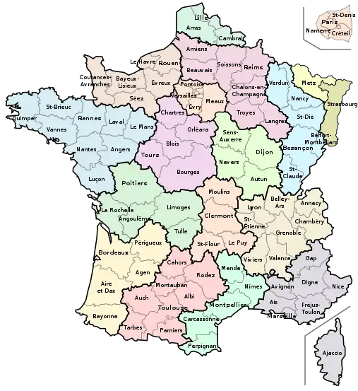 Circonscriptions ecclésiastiques et diocèses catholiques français depuis 2002.