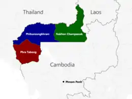  la province de Phra Tabong, comprend approximativement la province actuelle de Battambang et Pailin; celle de Phibunsongram, Banteay Meanchey, Oddar Meanchey et le nord de celle de Siem reap; celle de Nakhon Champassak celle de Preah Vihear et le sud ouest du Laos.