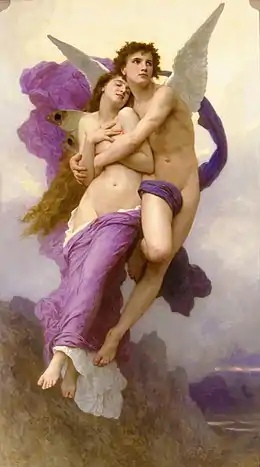 Jeune homme enlaçant jeune fille, les deux drapés de violet, en route pour le ciel.