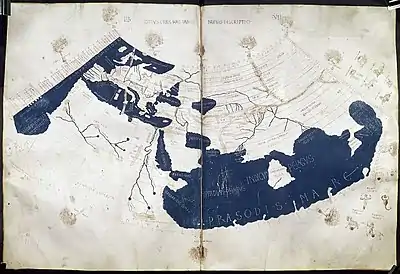 Ancienne carte représentant les pourtours de la Méditerranée jusqu'à l'Asie orientale, notamment une île supposée être l'actuel Sri Lanka.