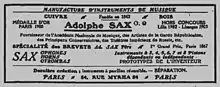 Publicité Manufacture d'instruments de musique Adolphe Sax, 84 rue Myrha Paris