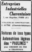 Encart publicitaire pour les Entreprises industrielles charentaises avec mention des automotrices légères Paulines.