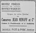 Publicité en faveur du pâté Hénaff datant de 1932.