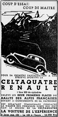 Affiche publicitaire vantant les mérites de la Renault Celtaquatre appuyées par la victoire au rallye des Alpes françaises 1934.